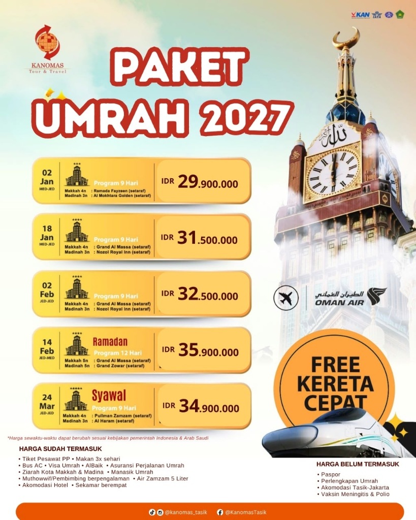 Paket Umrah Series 2027 Oman Air (Termasuk Ramadan & Syawal)